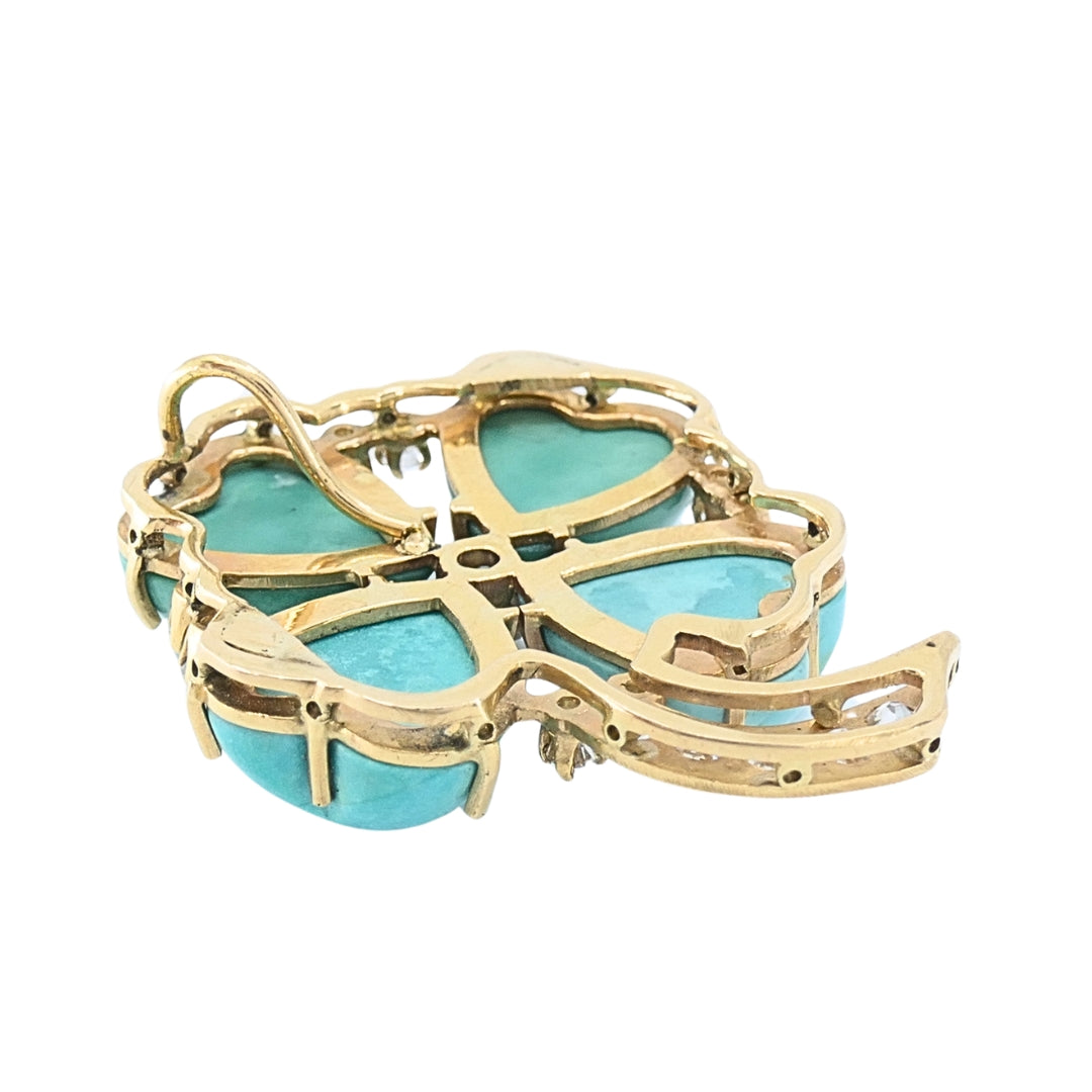 Vintage 14k Gold Turquoise Heart Clover Pendant with Diamonds