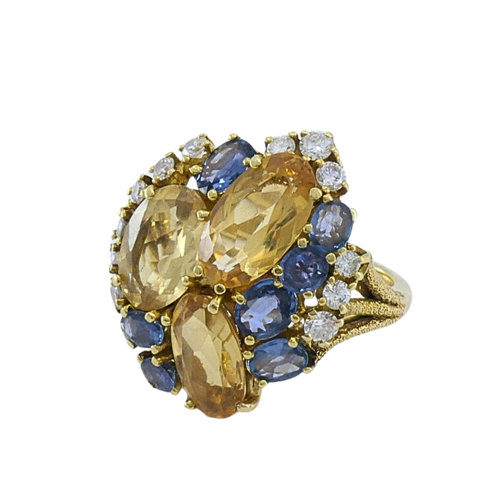 Vintage 14k Gold Imperial Topaz Blue Sapphire Diamond Cluster Cocktail Ring