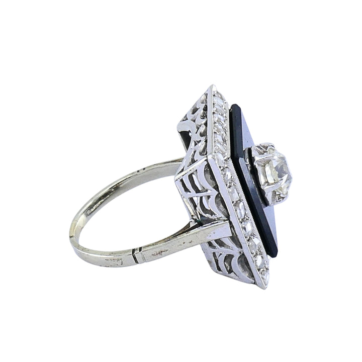 Art Deco 14k Gold Onyx Diamond Square Plaque Ring Antique Jewelry