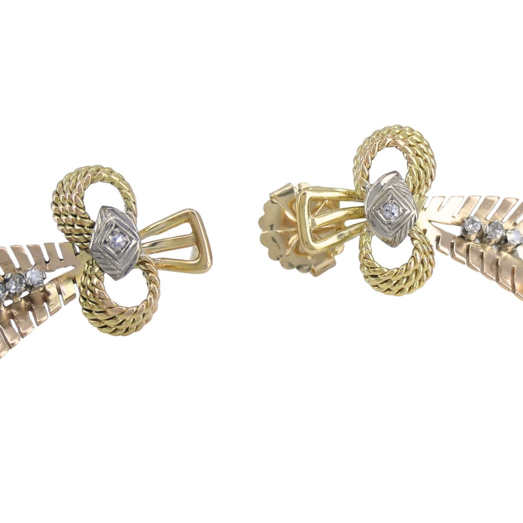 Retro 14k Tri Color Gold Diamond & Pearl Earrings Circa 1940s