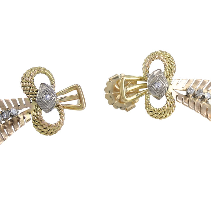 Retro 14k Tri Color Gold Diamond & Pearl Earrings Circa 1940s