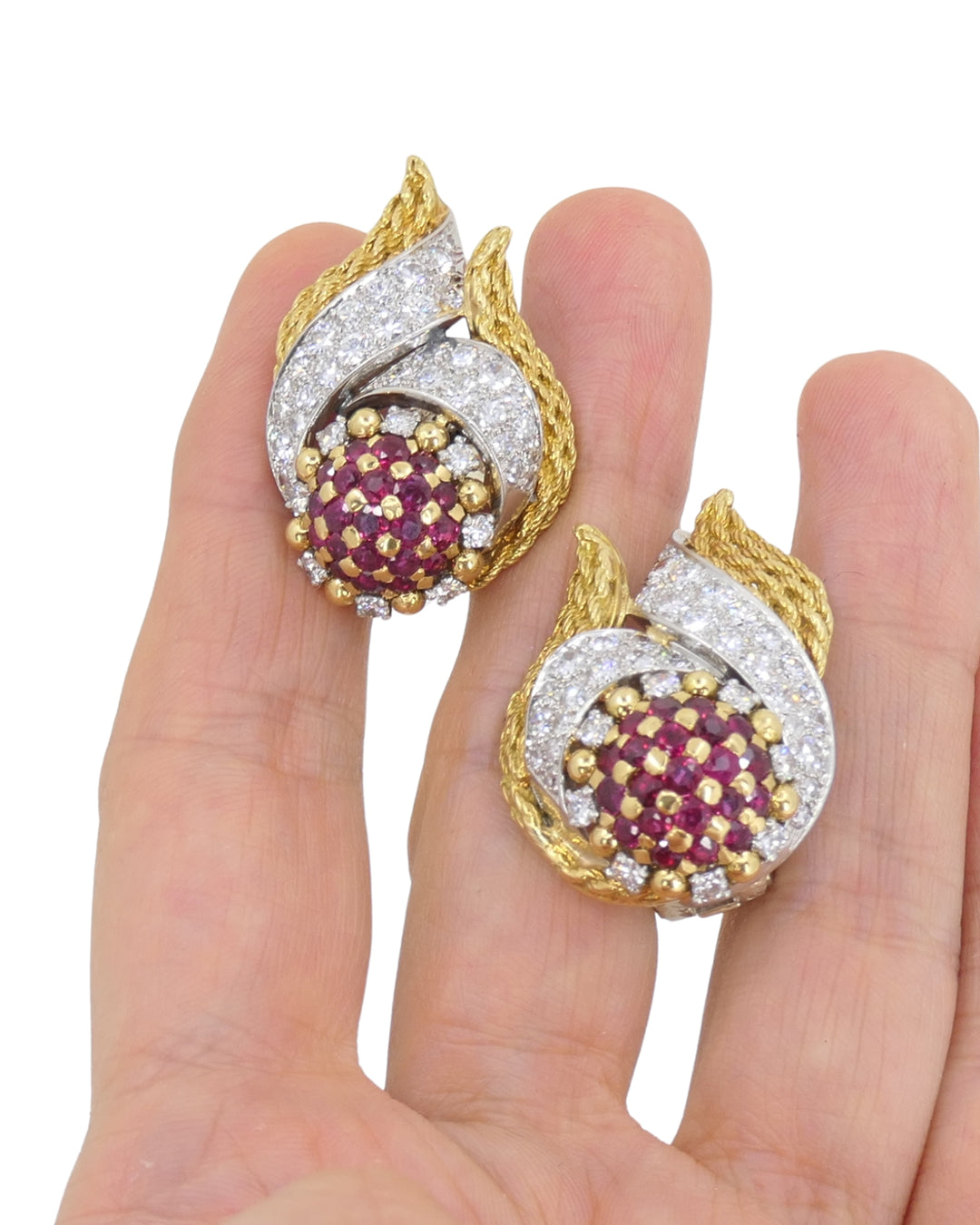 Lacloche Clip On Earrings 18k Yellow & White Gold Ruby and Diamond Earrings