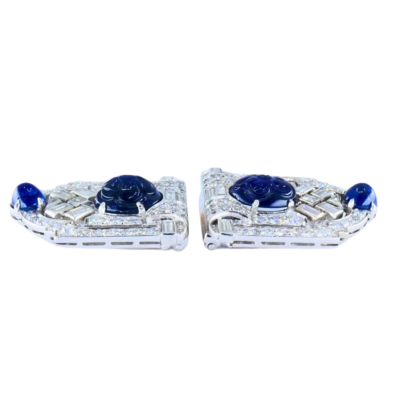 Vintage French Platinum Diamond Clips Carved Sapphire Estate Jewelry