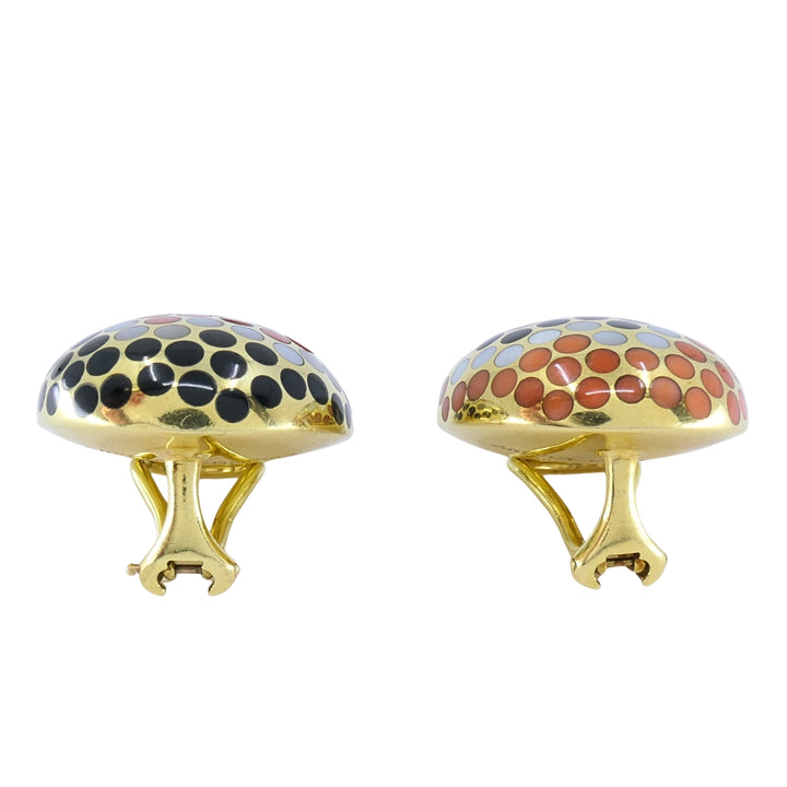 Angela Cummings 18k Gold Mother-of-Pearl Onyx Coral Inlay Dot Dome Earrings