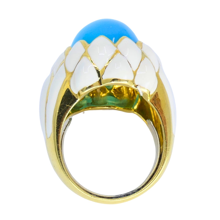 David Webb Ring 18k Gold White Enamel Turquoise Cocktail Ring