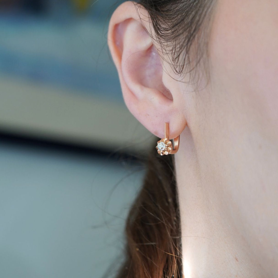 Vintage 14k Soviet Rose Gold Diamond Flower Earrings