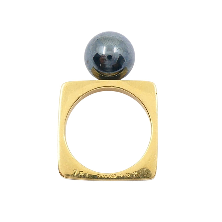 Dinh Van Vintage Modernist 18k Gold Square Hematite Ring