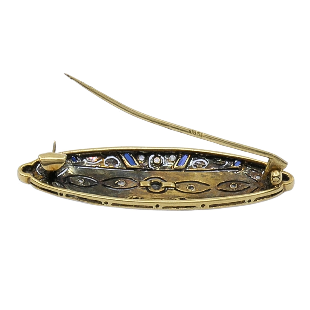 Art Deco 18k Gold Diamond Sapphire Navette Brooch
