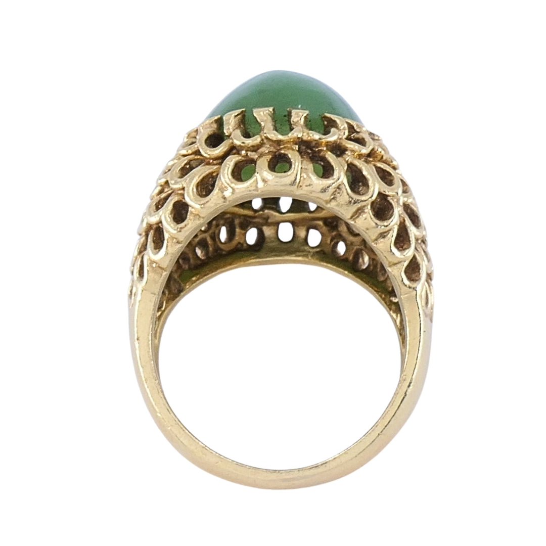 Vintage 14k Gold Green Jade Cabochon Cocktail Ring, Ornate Openwork Mounting