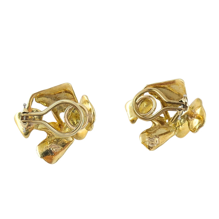 Vintage 18k Gold Modernist Abstract Floral Design Textured Clip-On Earrings