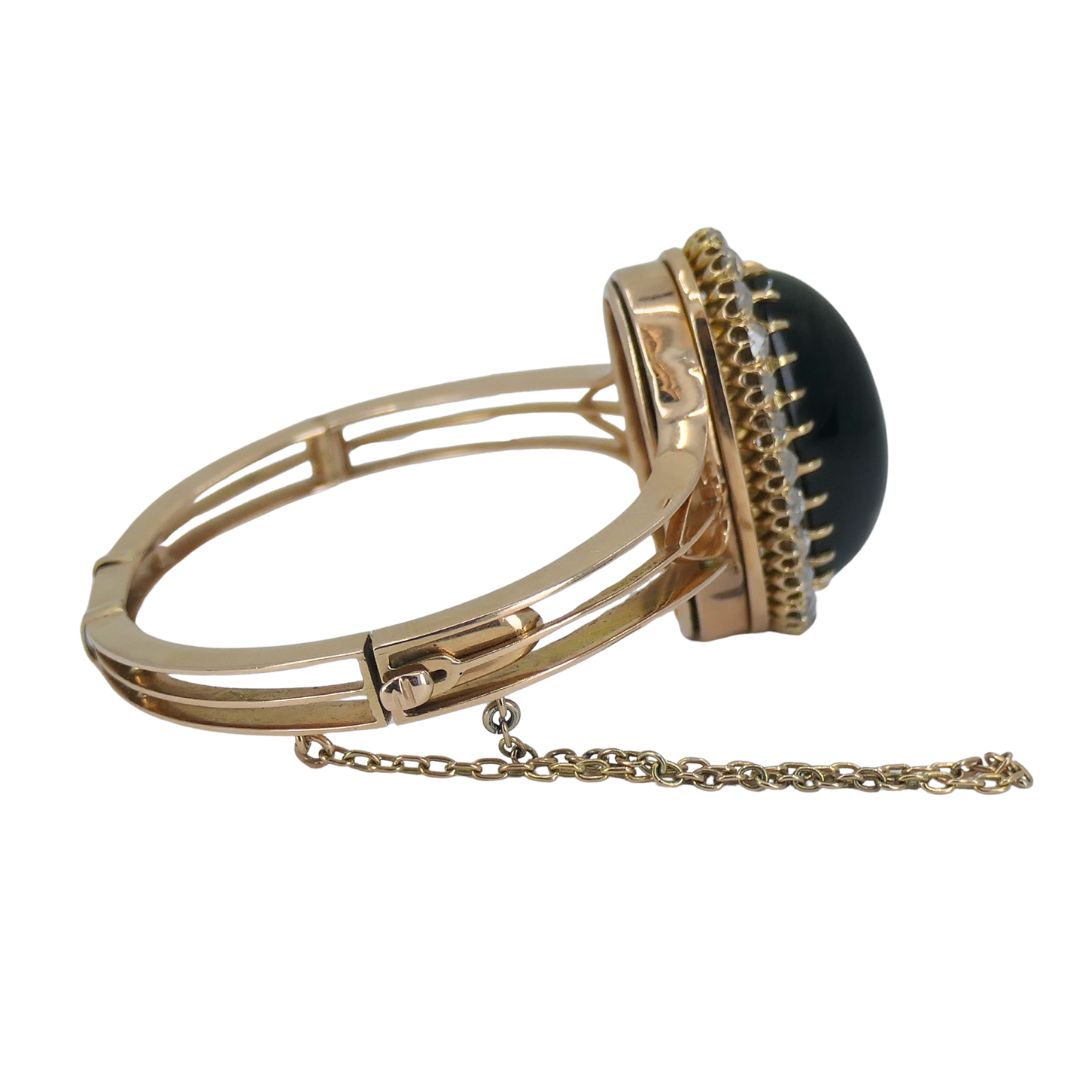 Antique Victorian Gold Diamond Cat's Eye Clamper Bracelet