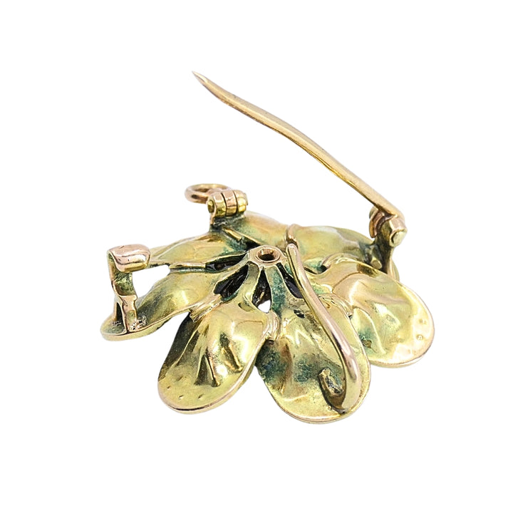 14k Gold Violet Flower Diamond Seed Pearl Pendant Brooch Necklace