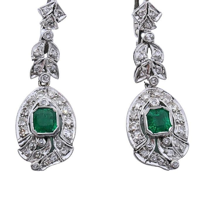 Art Deco-Style 12k White Gold Emerald Diamond Drop Earrings