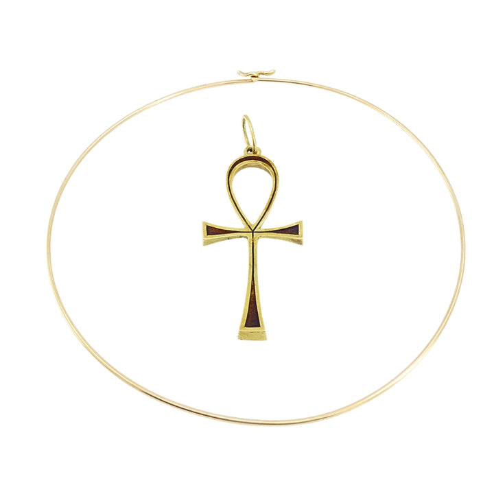 Ankh Cross Pendant 18k Gold Enamel and 14k Gold Wire Choker Necklace