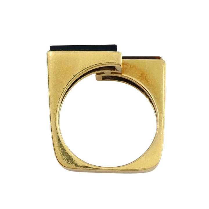 Vintage Tiffany & Co. 18k Gold Onyx Tiger's Eye Modernist Bypass Ring