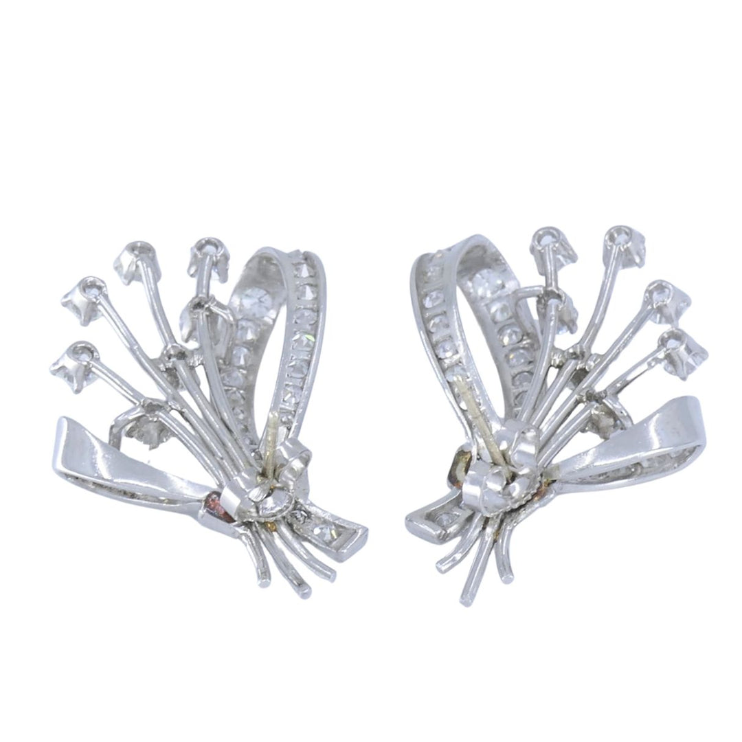 Mid Century Platinum Diamond Spray Earrings 4.30 Carats Bow Motif Gold Posts