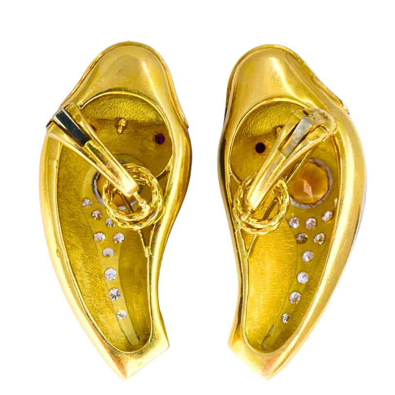 Vintage French 1950s Snake Earrings 18k Gold Platinum Blue Enamel Gemstones