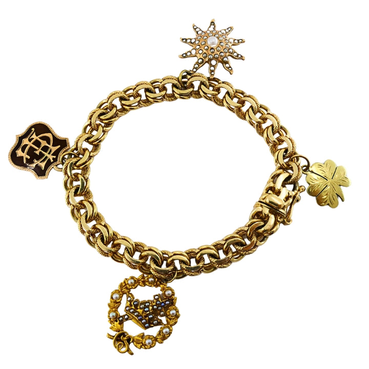 Victorian 14k Gold  Link Bracelet  Enamel Pearl & Engraved Charms