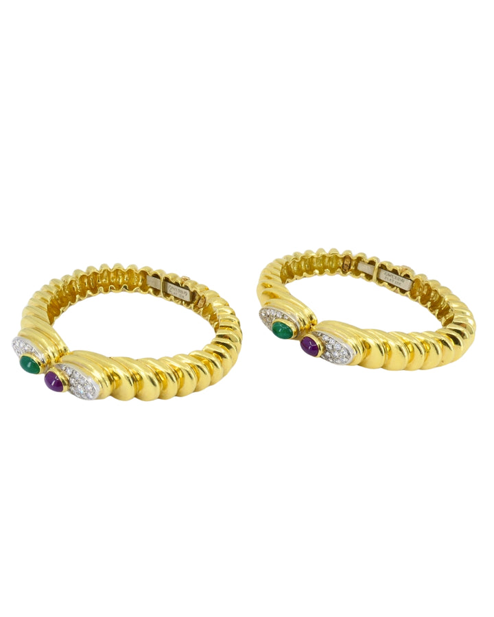 David Webb Pair of 18k Gold Bracelets Platinum Diamond Gemstone Cabochons