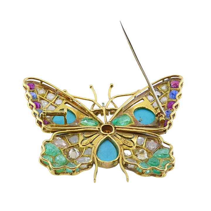 Vintage 18k Gold Multigem Butterfly Brooch Statement Insect Jewelry