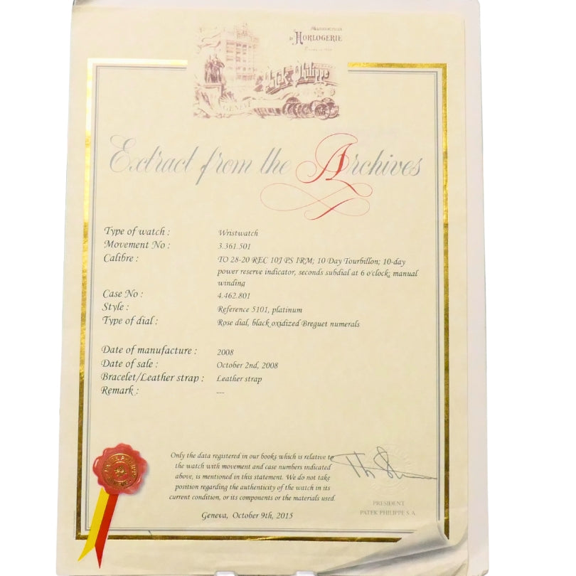 Patek Philippe 5101P 10-Day Tourbillon Platinum Watch Original Strap