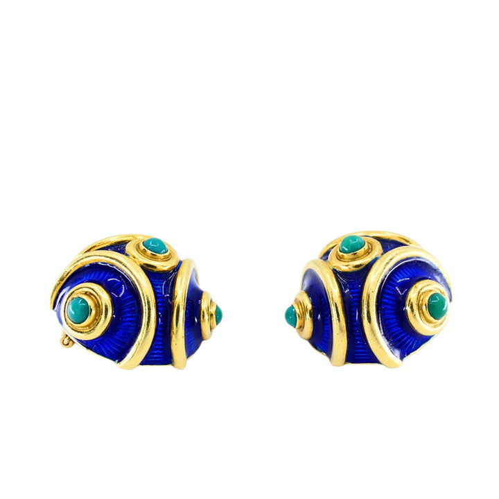 Vintage Tiffany & Co. 18k Gold Blue Enamel Turquoise Clip-On Earrings