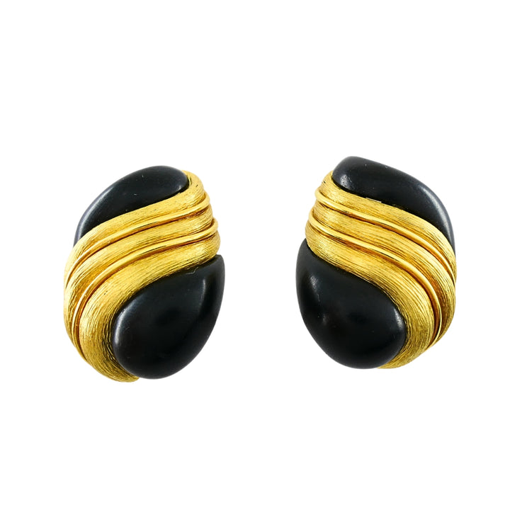 Henry Dunay 18k Gold Ebony Wood Clip-On Earrings, Vintage 1980s