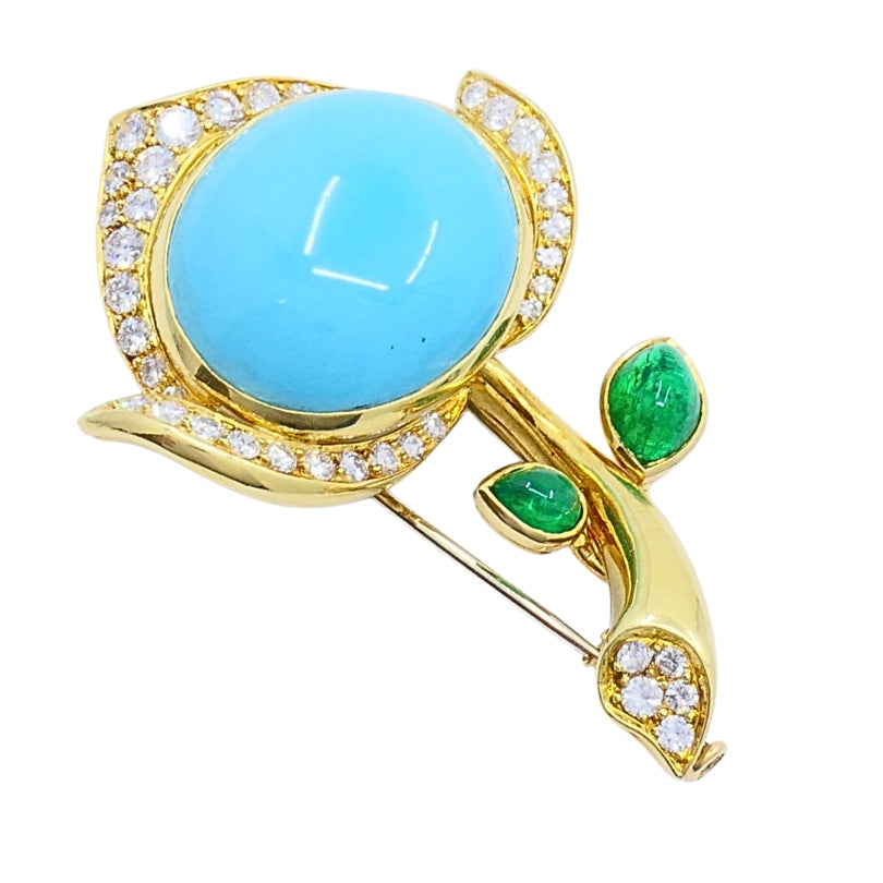 Bvlgari Bulgari 18k Gold Turquoise Flower Brooch Emerald Diamond Accents