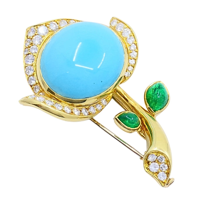 Bvlgari Bulgari 18k Gold Turquoise Flower Brooch Emerald Diamond Accents