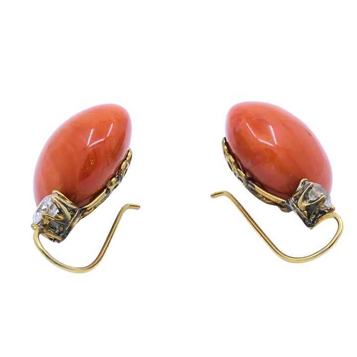 Antique Victorian 14k Gold Coral Diamond Drop Earrings, 1890 - 1900