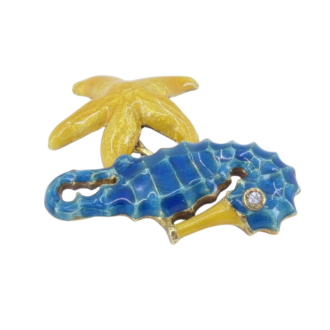 Vintage LOZ 18k Gold Enamel Turtle Seahorse Starfish Shell Cufflinks