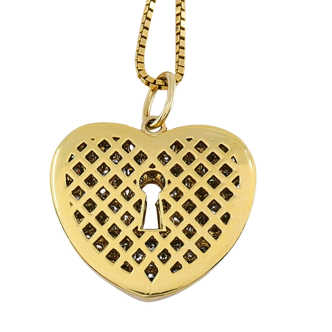Vintage 18k Gold Pavé Diamond Heart Lock Pendant Necklace 14k Box Chain