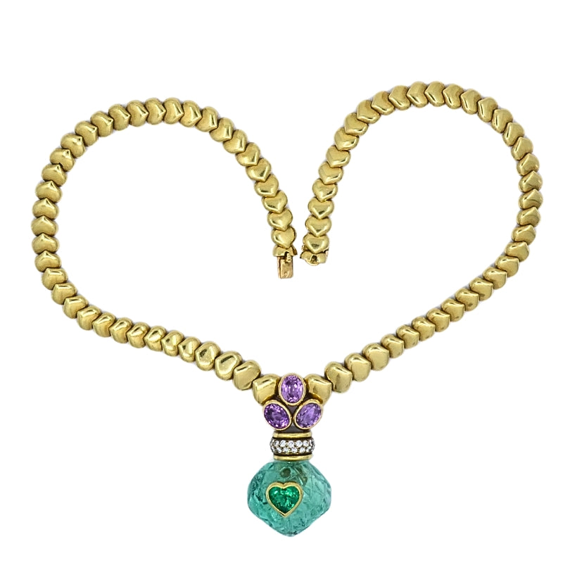 André Vassort 18k Gold Necklace Emerald Heart Pendant GIA