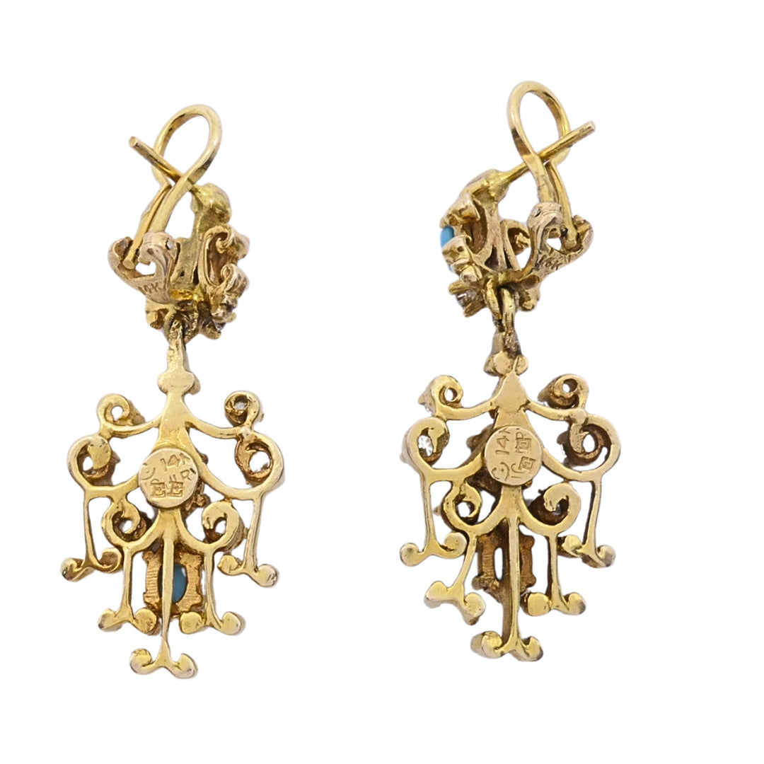 14k Yellow Gold Turquoise Diamond Scrollwork Drop Earrings