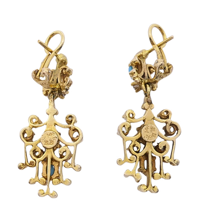 14k Yellow Gold Turquoise Diamond Scrollwork Drop Earrings