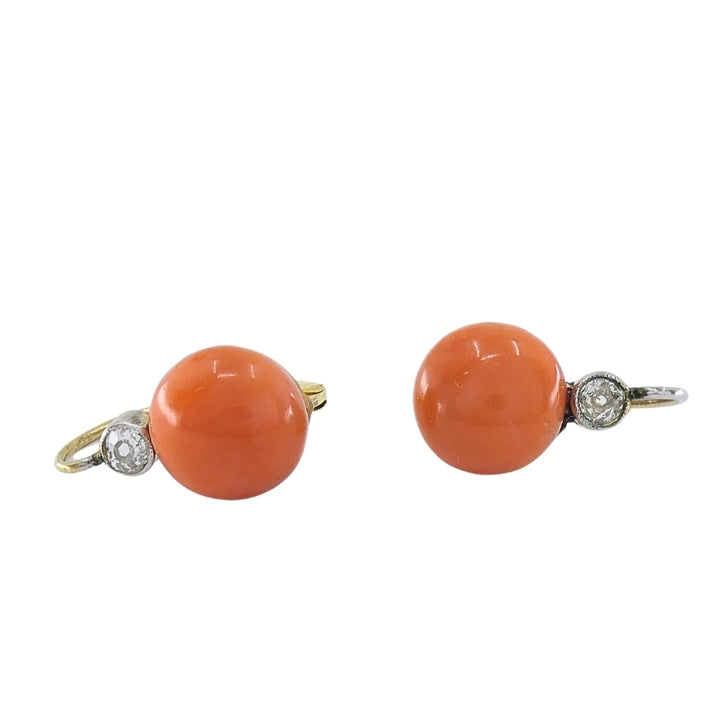 Antique 14k Gold Coral Diamond Accent Drop Earrings