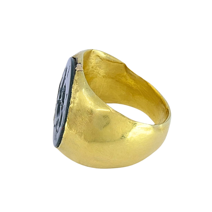 22k Gold Oval Intaglio Lion Bull Signet Ring Greek & Roman Inspired Design