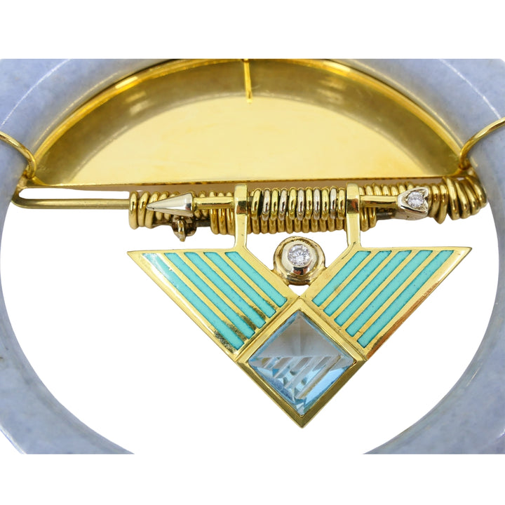 David Webb 1960s Jade Aquamarine Diamond Enamel Gold Brooch Pendant