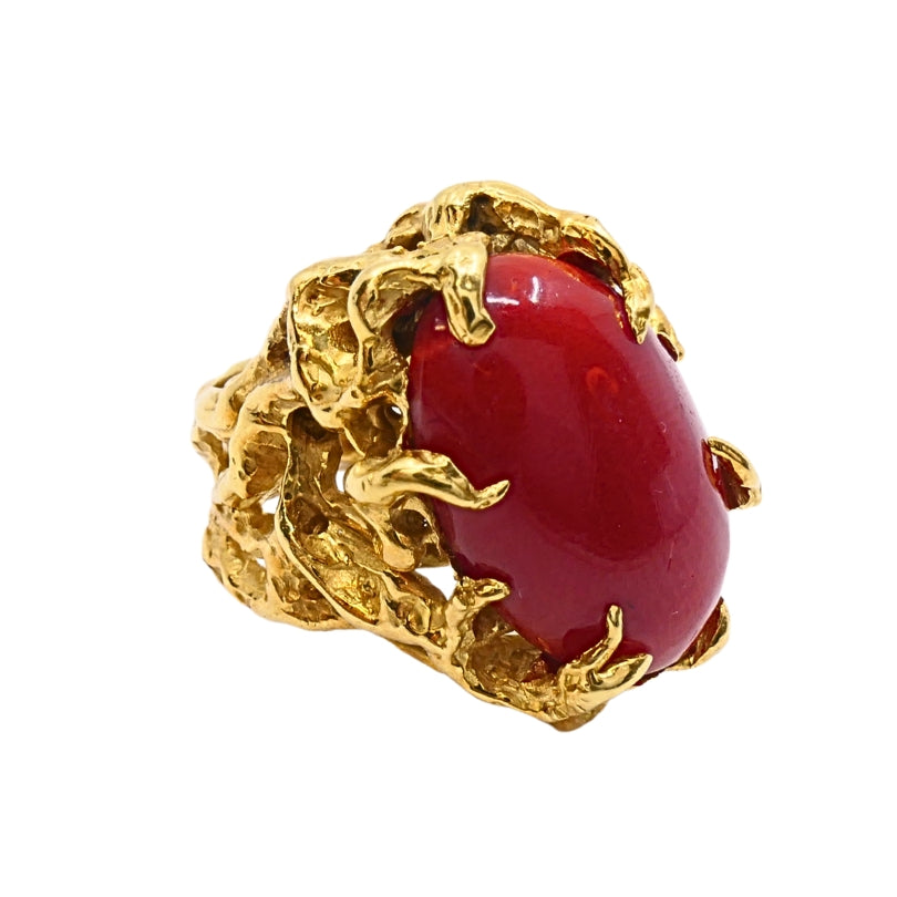 Arthur King 18k Gold Brutalist  Coral Cabochon Cocktail Ring