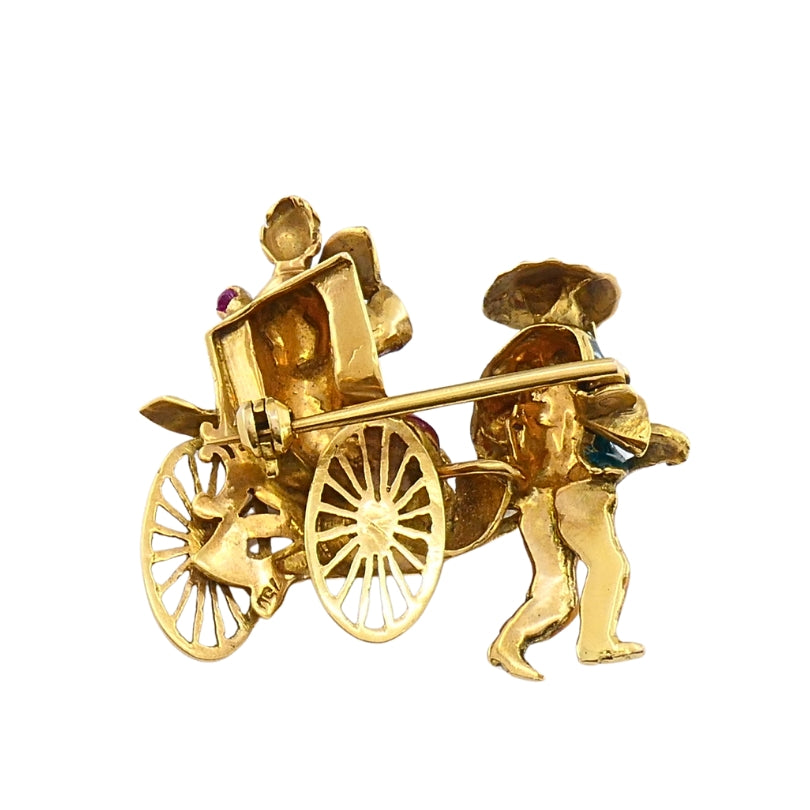 Vintage 18k Gold Riksha Brooch Pin Enamel Gemstone Accents
