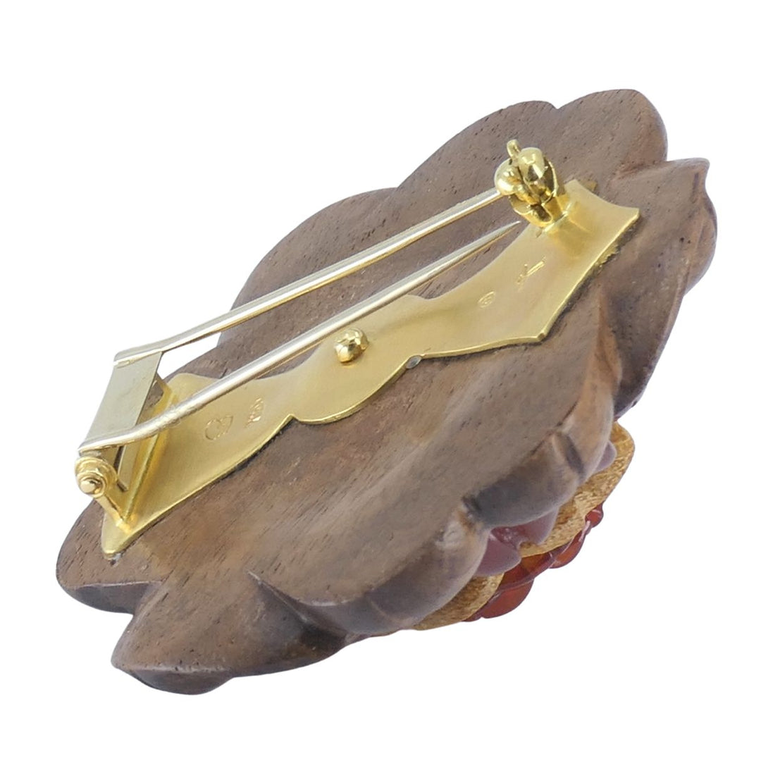 Bettina Gabetti for Trianon Flower Brooch 18k Gold Carved Wood Carnelian Citrine