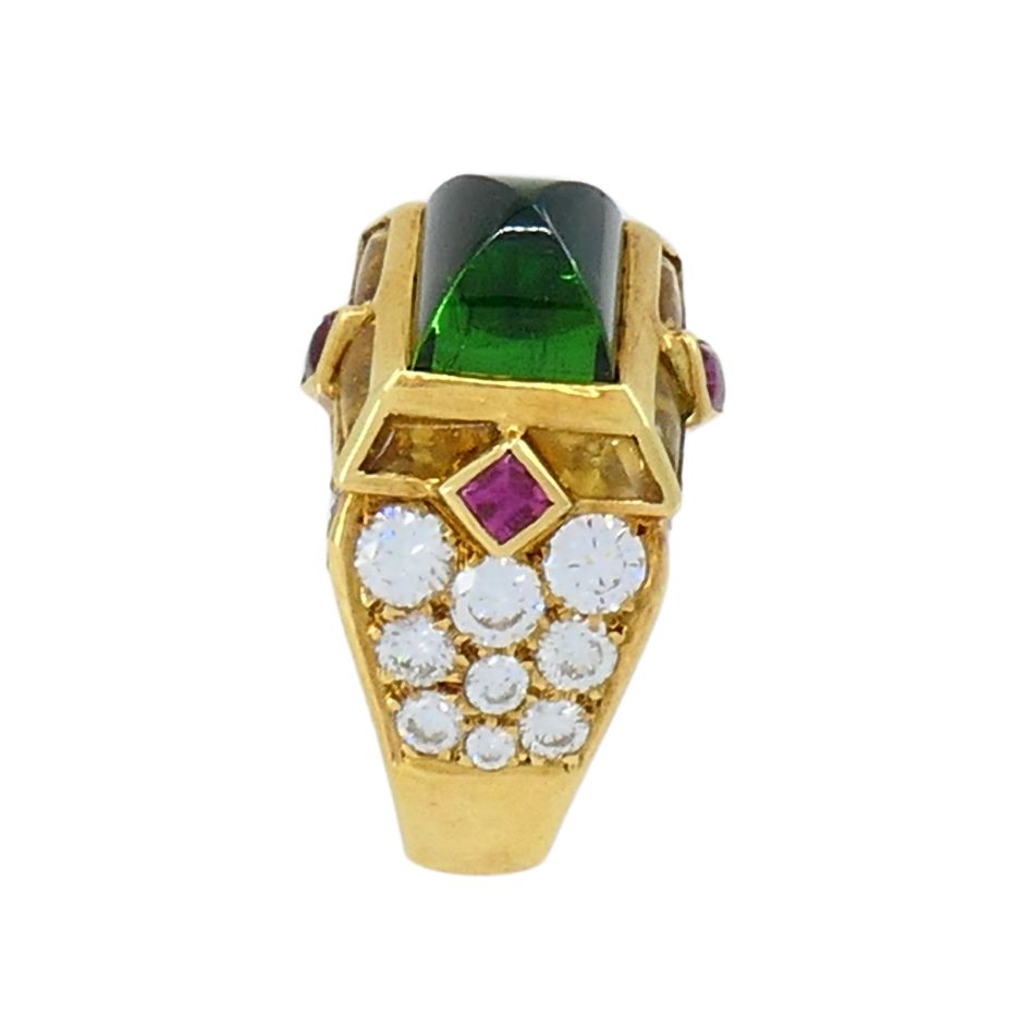 Vintage Mauboussin 18k Gold Sugarloaf Tourmaline Diamond Ring