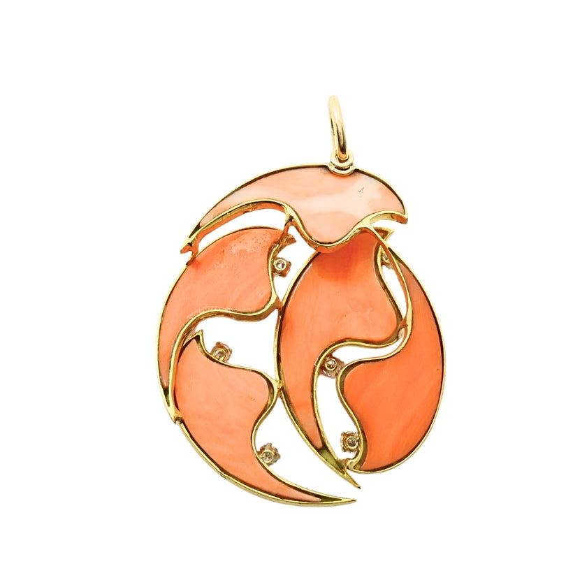 French 18k Diamond Coral Pendant 14k Gold Chain Necklace