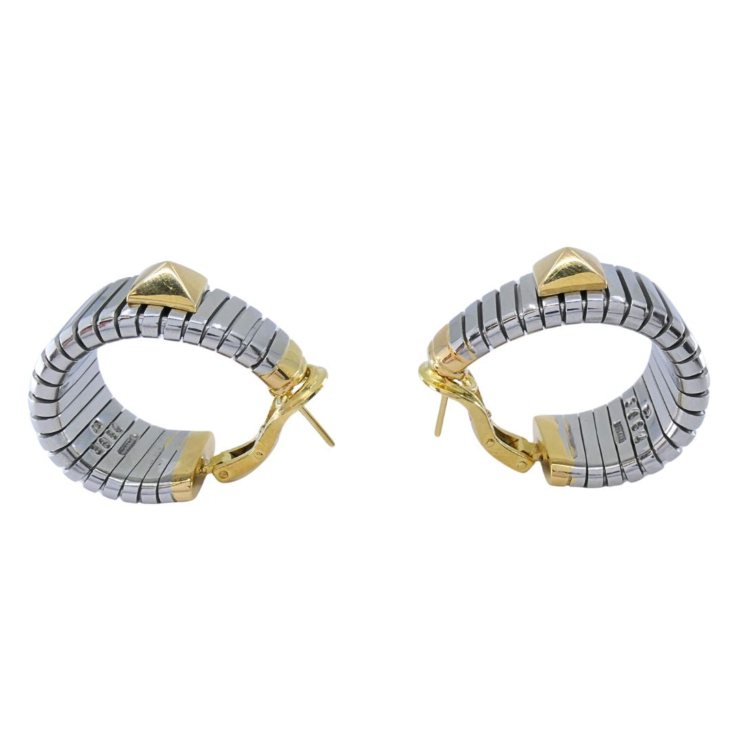 Bvlgari 18k Yellow Gold & Steel Tubogas Pyramid Hoop Earrings