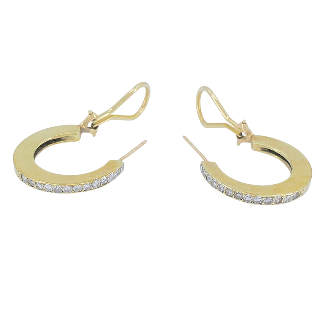 Vintage 14k  Gold Diamond Hoop Earrings with Flat Profile