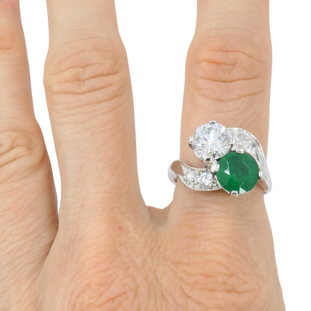 Vintage Platinum Toi et Moi Engagement Ring Diamond Emerald