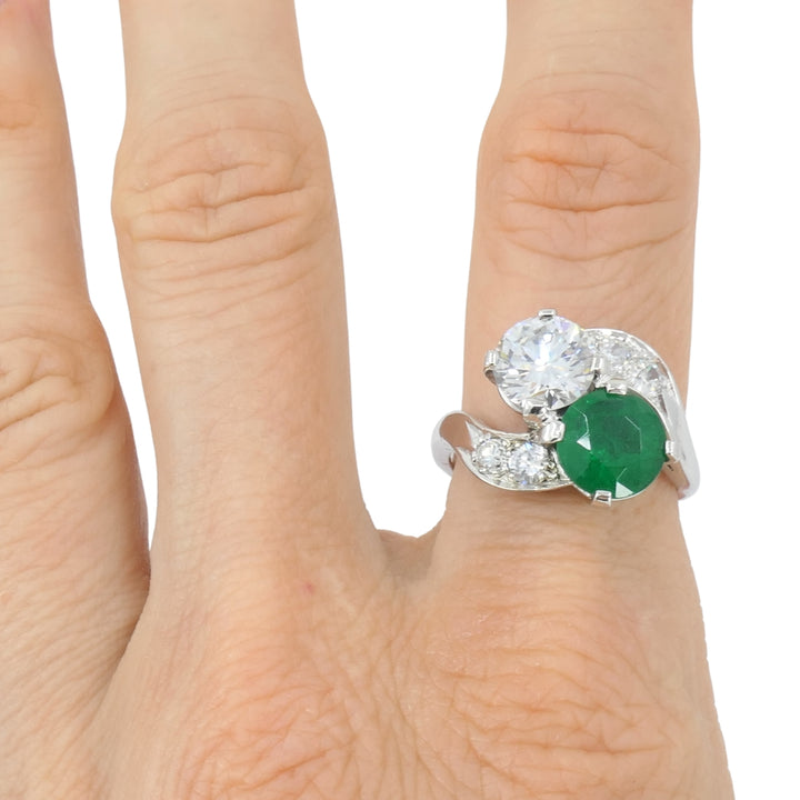Vintage Platinum Toi et Moi Engagement Ring Diamond Emerald