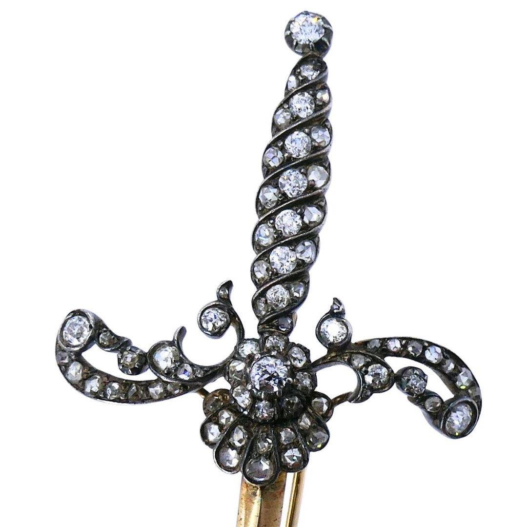 Antique 14k gold Silver Diamond Sword Brooch, circa 1900
