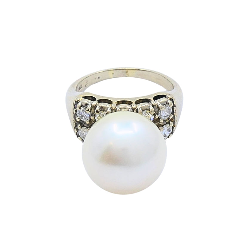 Vintage Pearl Diamond Ring 14k White Gold