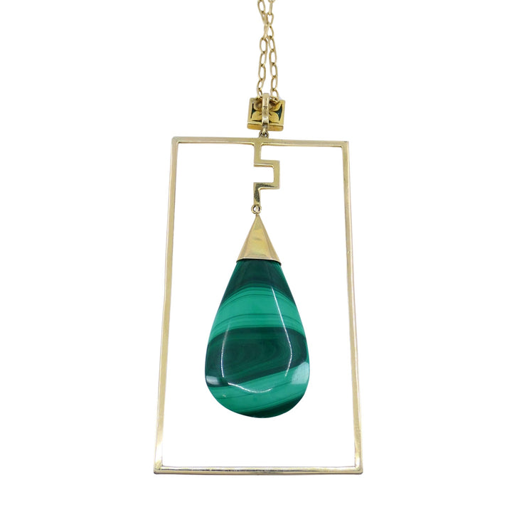 Modernist 10k Gold Malachite Pendant 14k Chain Necklace
